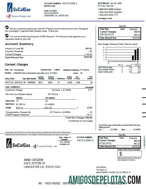 imprimível Modelo de fatura de serviços públicos de gás So Cal dos EUA em formatos Word e PDF, versão 3